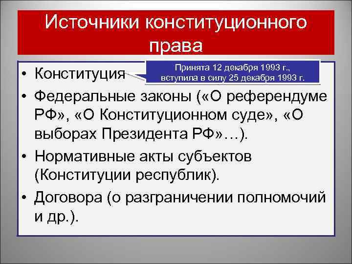 Источники конституционного права Принята 12 декабря 1993 г. , вступила в силу 25 декабря