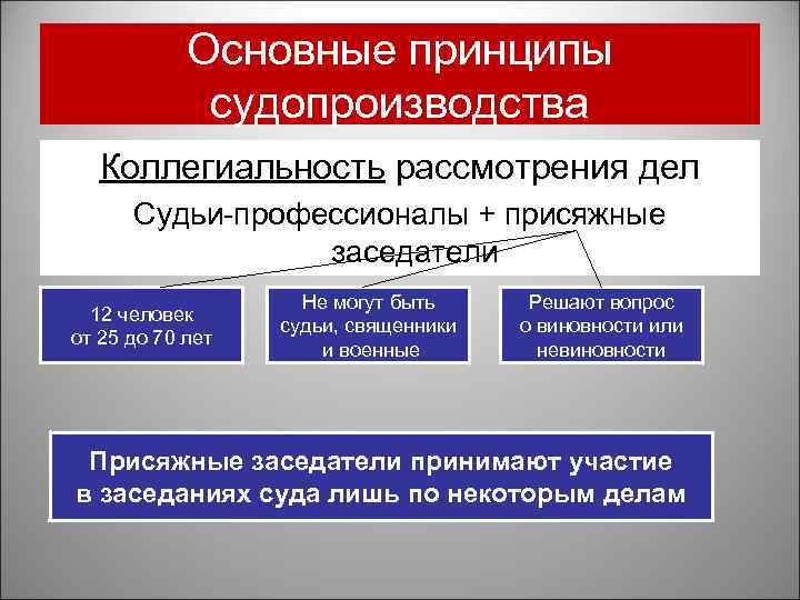 Основные принципы судопроизводства Коллегиальность рассмотрения дел Судьи-профессионалы + присяжные заседатели 12 человек от 25