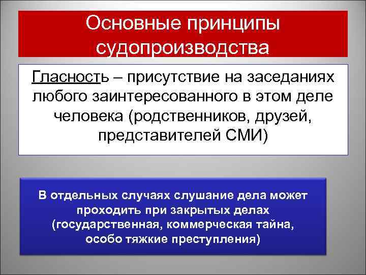 Основные принципы судопроизводства Гласность – присутствие на заседаниях любого заинтересованного в этом деле человека