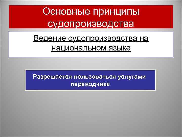 Основные принципы судопроизводства Ведение судопроизводства на национальном языке Разрешается пользоваться услугами переводчика 