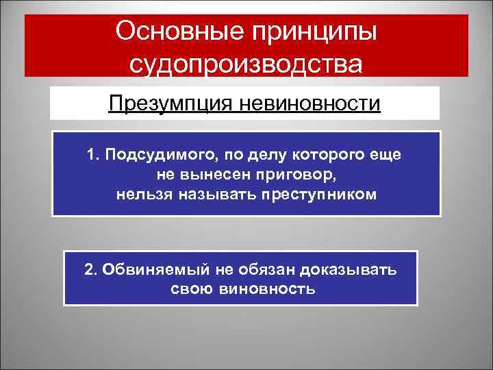 Основные принципы судопроизводства Презумпция невиновности 1. Подсудимого, по делу которого еще не вынесен приговор,