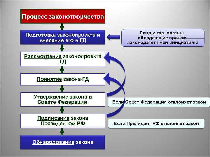 Процесс законотворчества Подготовка законопроекта и внесение его в ГД Лица и гос. органы, обладающие