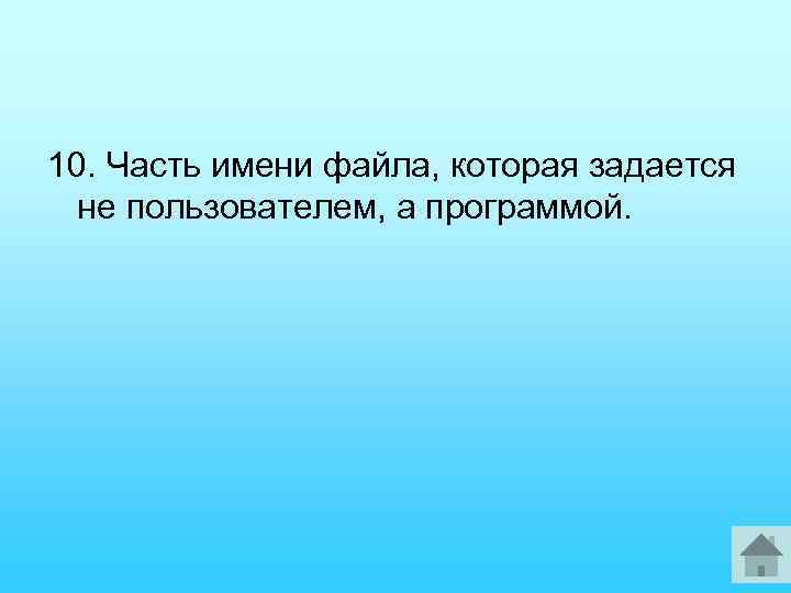 10. Часть имени файла, которая задается не пользователем, а программой. 