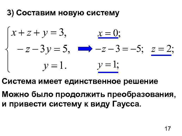 3) Составим новую систему Система имеет единственное решение Можно было продолжить преобразования, и привести