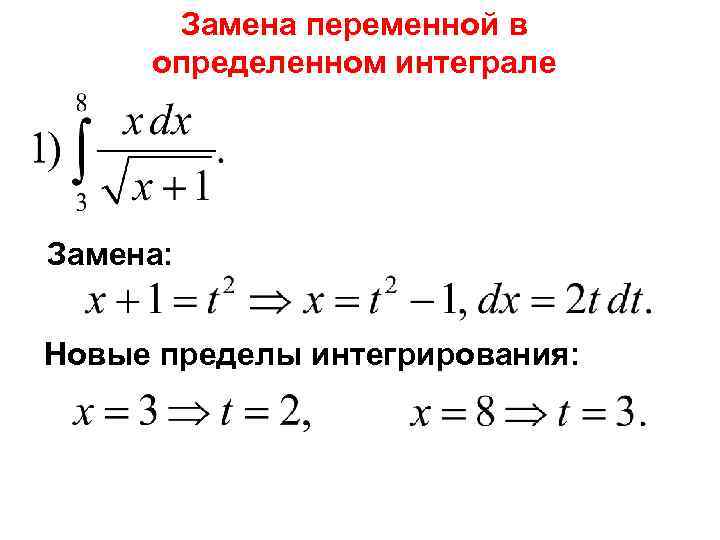Замена переменной в определенном интеграле Замена: Новые пределы интегрирования: 