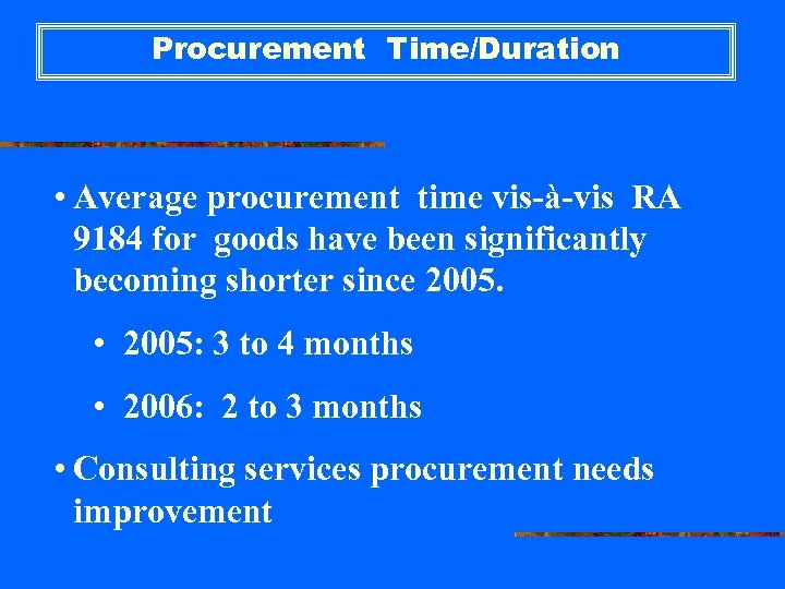 Procurement Time/Duration • Average procurement time vis-à-vis RA 9184 for goods have been significantly