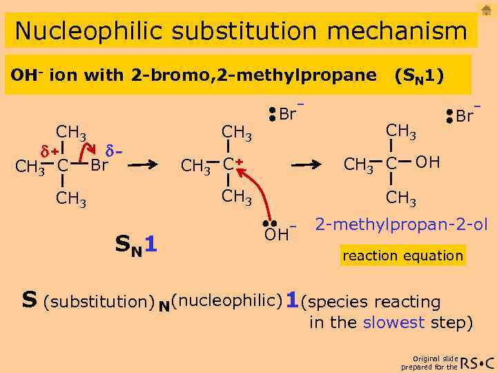 Nucleophilic substitution mechanism OH- ion with 2 -bromo, 2 -methylpropane (SN 1) - CH