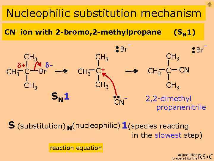 Nucleophilic substitution mechanism CN- ion with 2 -bromo, 2 -methylpropane (SN 1) - CH