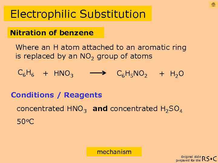 Electrophilic Substitution Nitration of benzene Where an H atom attached to an aromatic ring