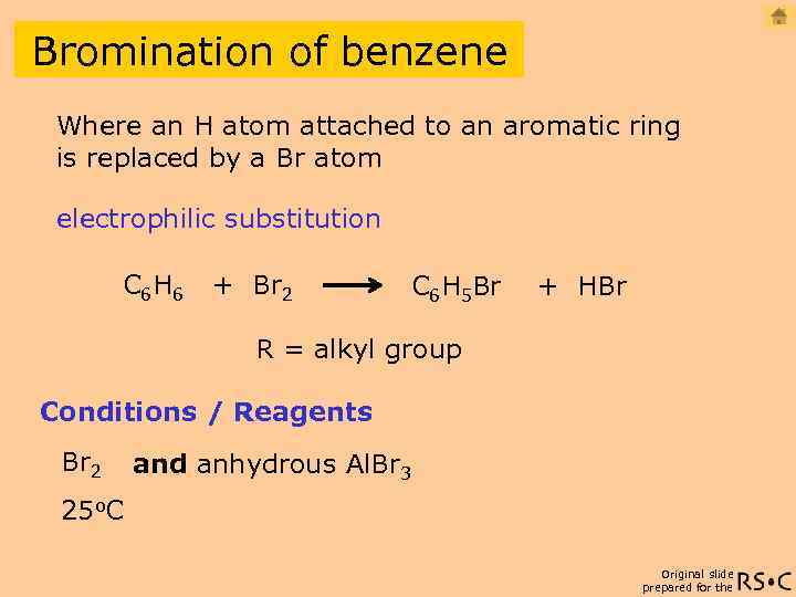 Bromination of benzene Where an H atom attached to an aromatic ring is replaced