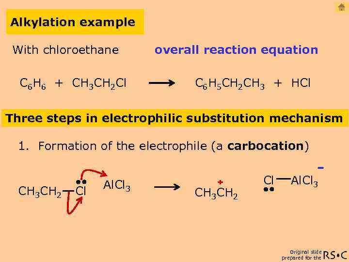 Alkylation example With chloroethane C 6 H 6 + CH 3 CH 2 Cl