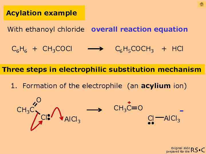 Acylation example With ethanoyl chloride overall reaction equation C 6 H 6 + CH