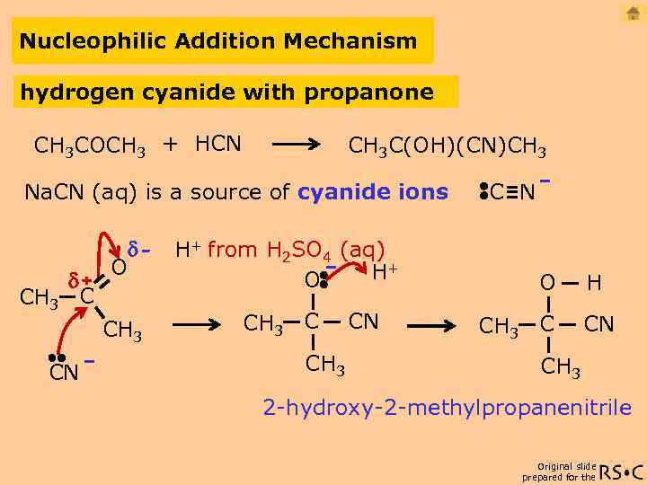 Nucleophilic Addition Mechanism hydrogen cyanide with propanone CH 3 COCH 3 + HCN CH