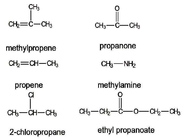 methylpropene propanone propene methylamine 2 -chloropropane ethyl propanoate 