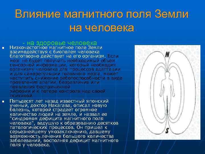 Влияние магнитного поля Земли на человека n n - на здоровье человека Низкочастотное магнитное