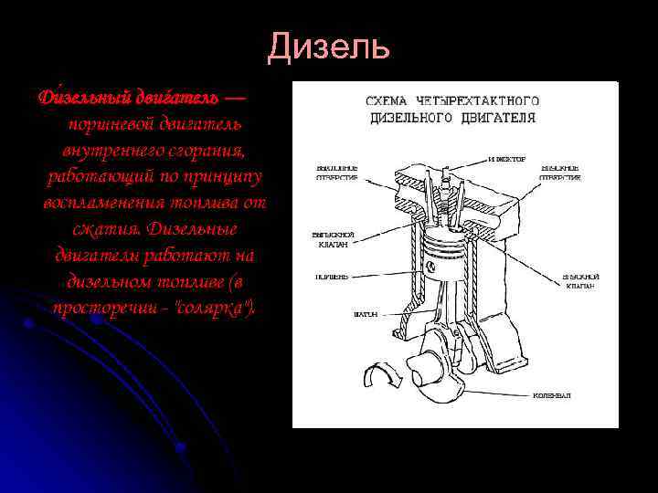 Дизель Ди зельный двиѓатель — поршневой двигатель внутреннего сгорания, работающий по принципу воспламенения топлива