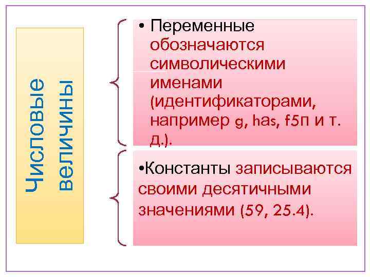 Числовые величины • Переменные обозначаются символическими именами (идентификаторами, например g, hаs, f 5 п