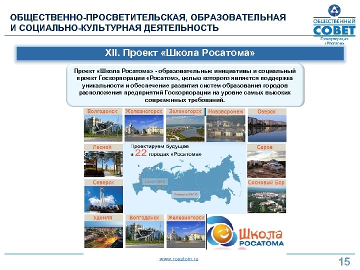 ОБЩЕСТВЕННО-ПРОСВЕТИТЕЛЬСКАЯ, ОБРАЗОВАТЕЛЬНАЯ И СОЦИАЛЬНО-КУЛЬТУРНАЯ ДЕЯТЕЛЬНОСТЬ XII. Проект «Школа Росатома» - образовательные инициативы и социальный
