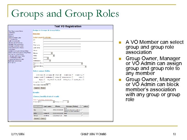 Groups and Group Roles n n n 2/17/2006 CHEP 2006 VOMRS A VO Member