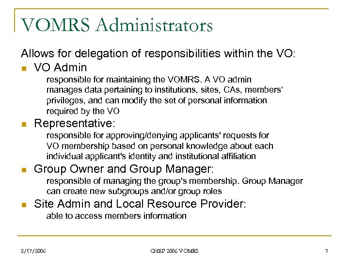 VOMRS Administrators Allows for delegation of responsibilities within the VO: n VO Admin responsible