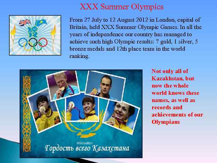 XXX Summer Olympics From 27 July to 12 August 2012 in London, capital of