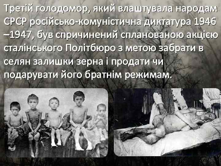 Третій голодомор, який влаштувала народам СРСР російсько-комуністична диктатура 1946 – 1947, був спричинений спланованою