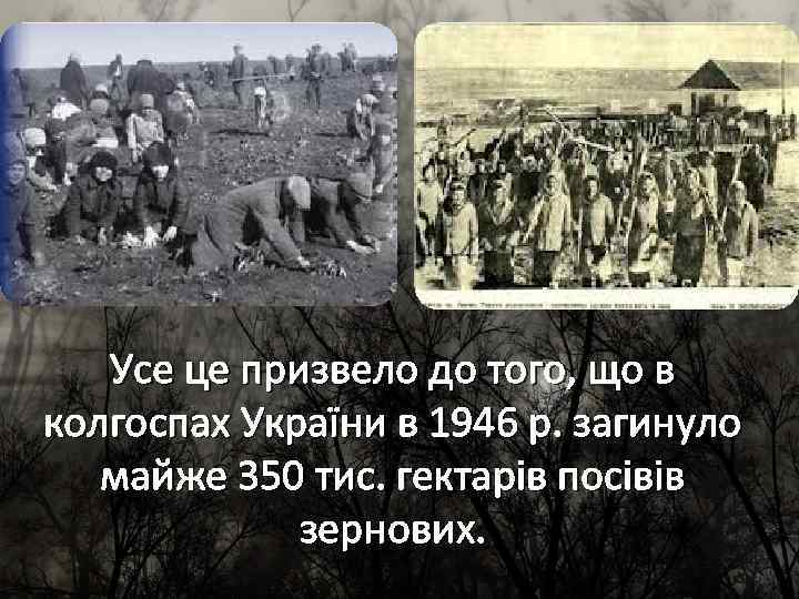 Усе це призвело до того, що в колгоспах України в 1946 р. загинуло майже