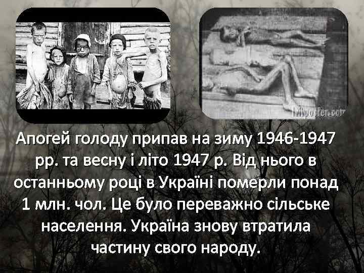 Апогей голоду припав на зиму 1946 -1947 рр. та весну і літо 1947 р.