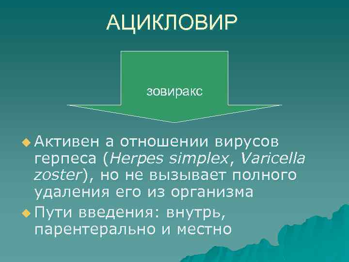 АЦИКЛОВИР зовиракс u Активен а отношении вирусов герпеса (Herpes simplex, Varicella zoster), но не