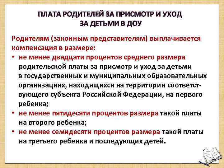 ПЛАТА РОДИТЕЛЕЙ ЗА ПРИСМОТР И УХОД ЗА ДЕТЬМИ В ДОУ Родителям (законным представителям) выплачивается