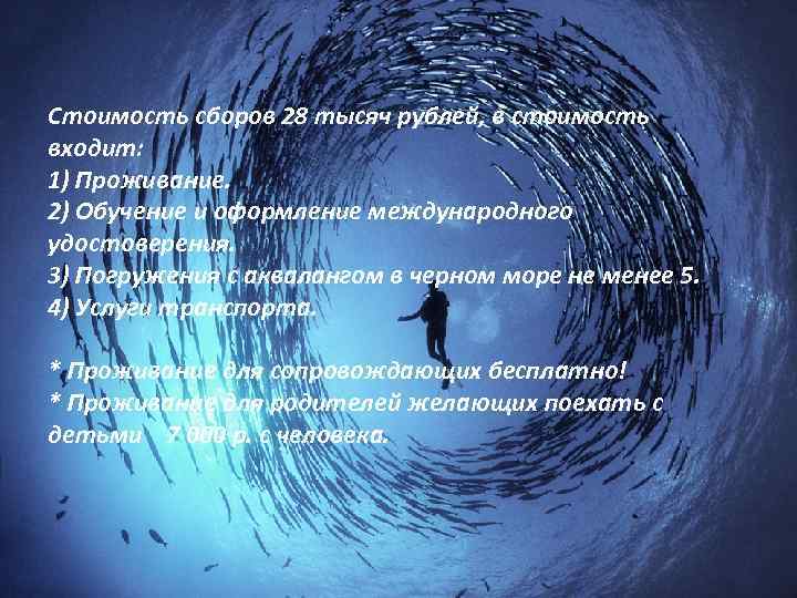 Стоимость сборов 28 тысяч рублей, в стоимость входит: 1) Проживание. 2) Обучение и оформление