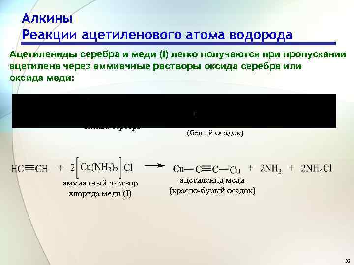 Алкины Реакции ацетиленового атома водорода Ацетилениды серебра и меди (I) легко получаются при пропускании