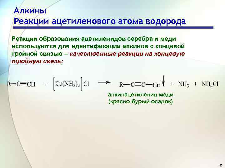 Алкины Реакции ацетиленового атома водорода Реакции образования ацетиленидов серебра и меди используются для идентификации