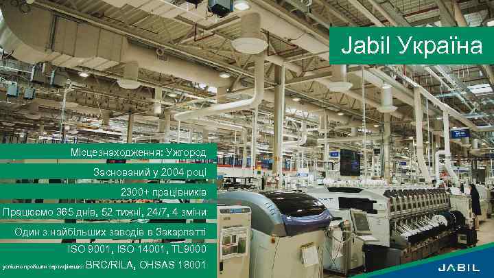 Jabil Україна Місцезнаходження: Ужгород Заснований у 2004 році 2300+ працівників Працюємо 365 днів, 52