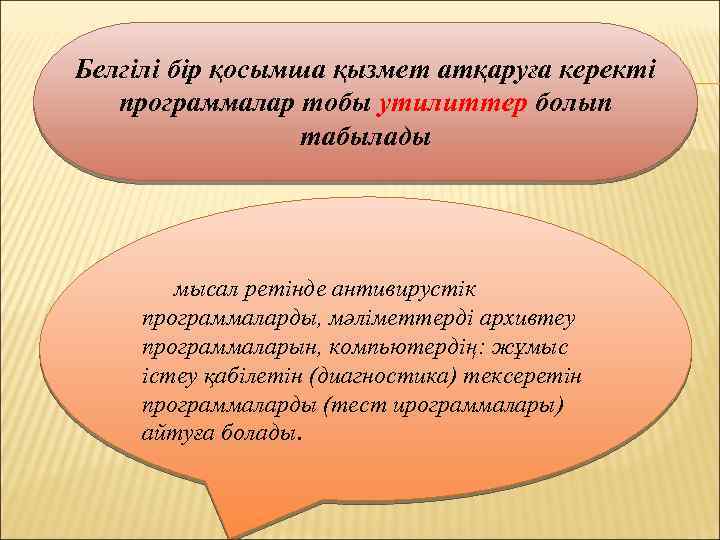 Белгілі бір қосымша қызмет атқаруға керекті программалар тобы утилиттер болып табылады мысал ретінде антивирустік