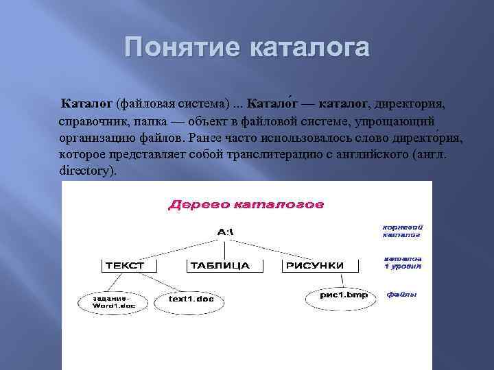 Понятие каталога Каталог (файловая система). . . Катало г — каталог, директория, справочник, папка