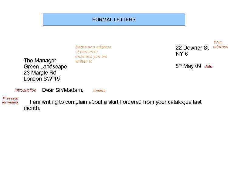 FORMAL LETTERS The Manager Green Landscape 23 Marple Rd London SW 19 Introduction 1