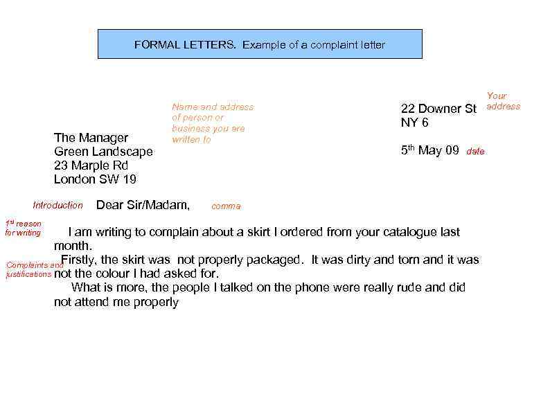 FORMAL LETTERS. Example of a complaint letter The Manager Green Landscape 23 Marple Rd