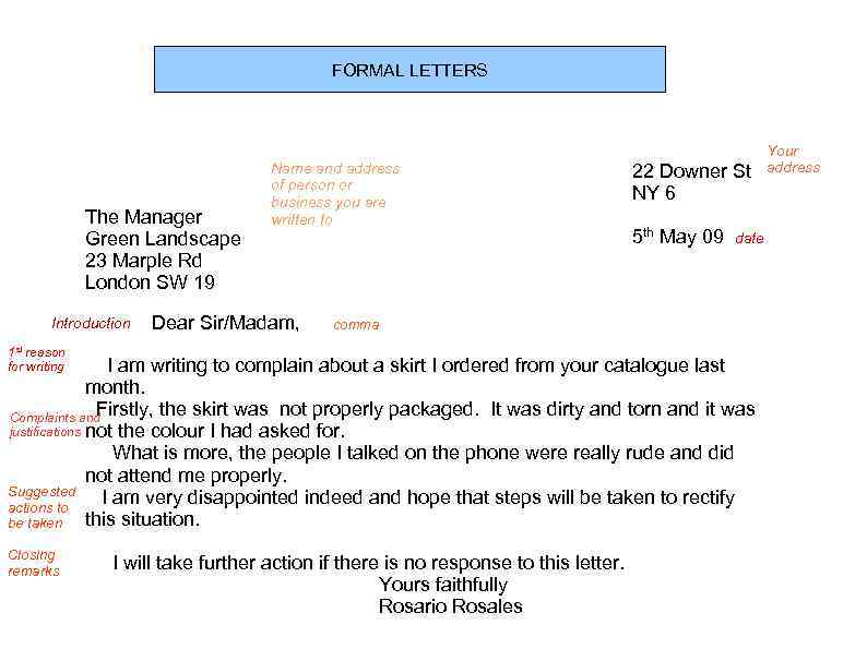 FORMAL LETTERS The Manager Green Landscape 23 Marple Rd London SW 19 Introduction Name