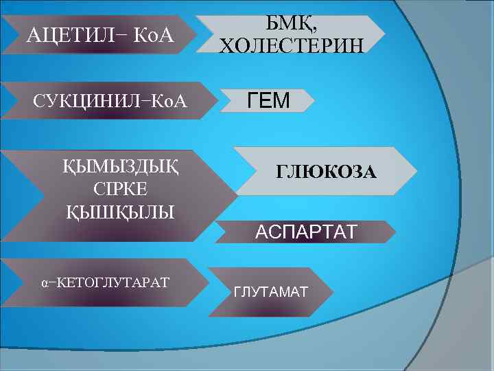 АЦЕТИЛ− Ко. А СУКЦИНИЛ−Ко. А ҚЫМЫЗДЫҚ СІРКЕ ҚЫШҚЫЛЫ α−КЕТОГЛУТАРАТ БМҚ, ХОЛЕСТЕРИН ГЕМ ГЛЮКОЗА АСПАРТАТ