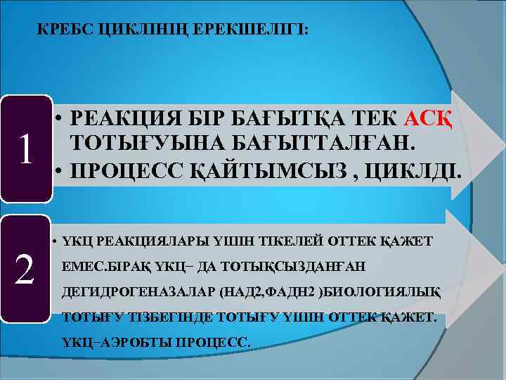 КРЕБС ЦИКЛІНІҢ ЕРЕКШЕЛІГІ: 1 2 • РЕАКЦИЯ БІР БАҒЫТҚА ТЕК АСҚ ТОТЫҒУЫНА БАҒЫТТАЛҒАН. •