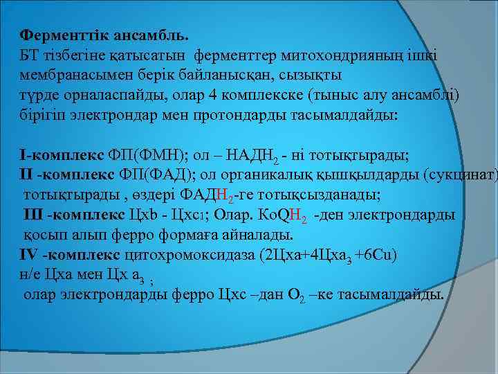 Ферменттік ансамбль. БТ тізбегіне қатысатын ферменттер митохондрияның ішкі мембранасымен берік байланысқан, сызықты түрде орналаспайды,