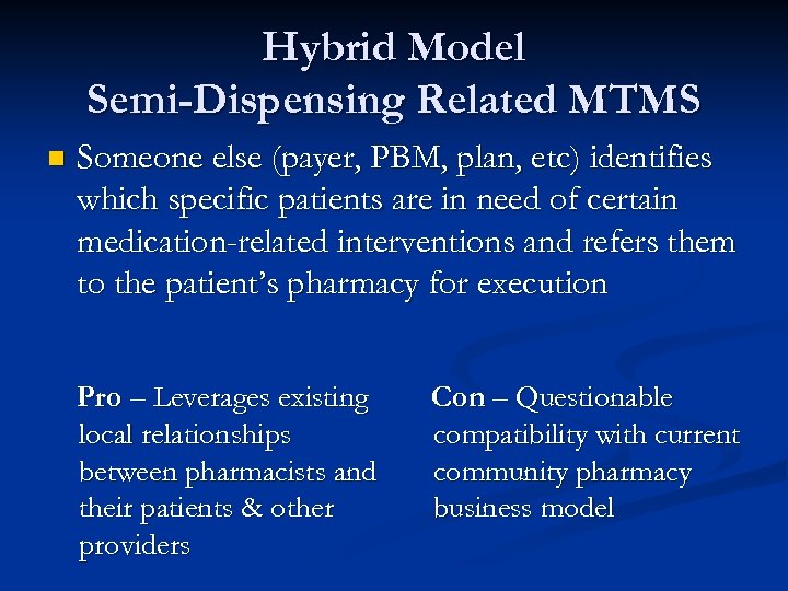 Hybrid Model Semi-Dispensing Related MTMS n Someone else (payer, PBM, plan, etc) identifies which