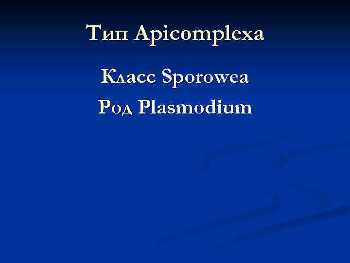 Тип Apicomplexa Класс Sporowea Род Plasmodium 