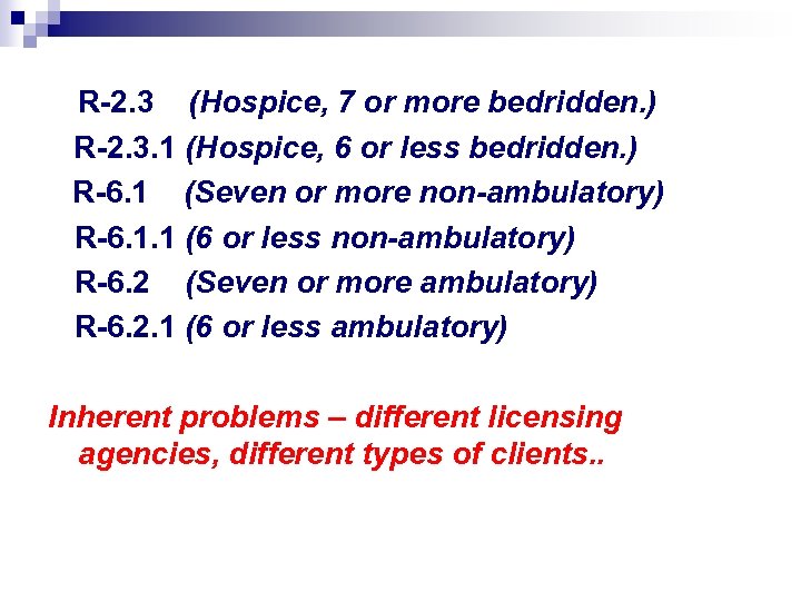 R-2. 3 (Hospice, 7 or more bedridden. ) R-2. 3. 1 (Hospice, 6 or