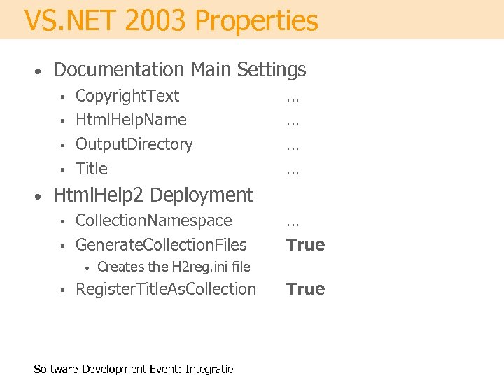 VS. NET 2003 Properties • Documentation Main Settings § § • Copyright. Text Html.
