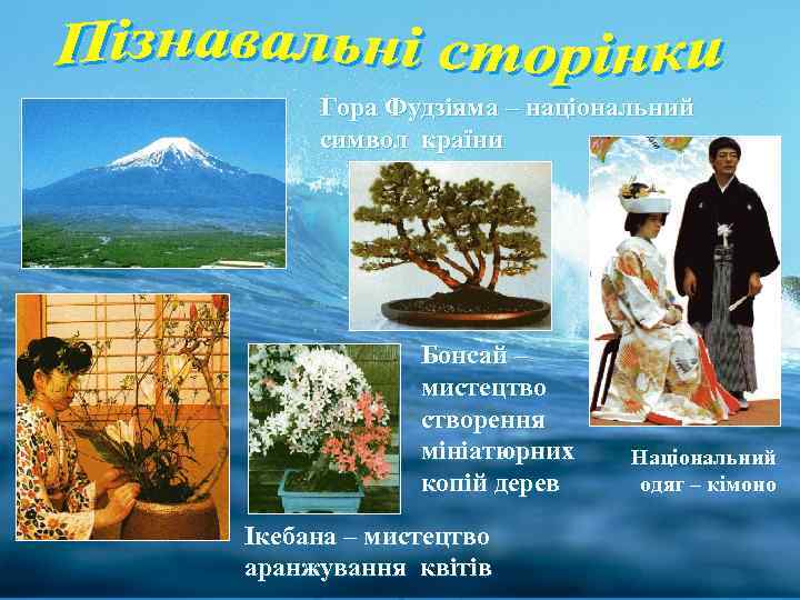 Гора Фудзіяма – національний символ країни Бонсай – мистецтво створення мініатюрних копій дерев Ікебана