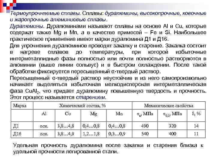 Термоупрочняемые сплавы. Сплавы: дуралюмины, высокопрочные, ковочные и жаропрочные алюминиевые сплавы. Дуралюминами называют сплавы на