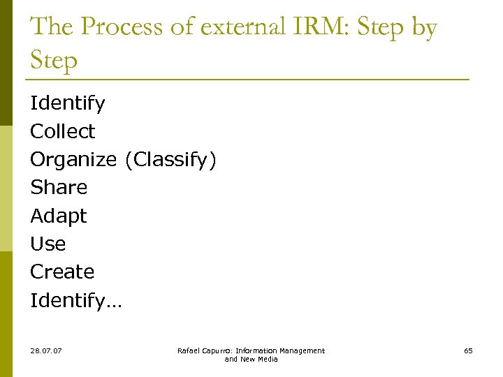 The Process of external IRM: Step by Step Identify Collect Organize (Classify) Share Adapt