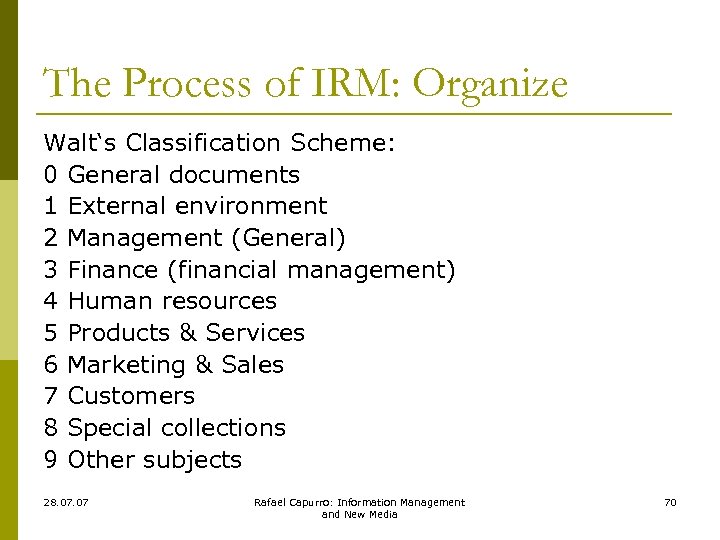 The Process of IRM: Organize Walt‘s Classification Scheme: 0 General documents 1 External environment